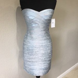 Herve Leger Metallic Blue Strapless Dress